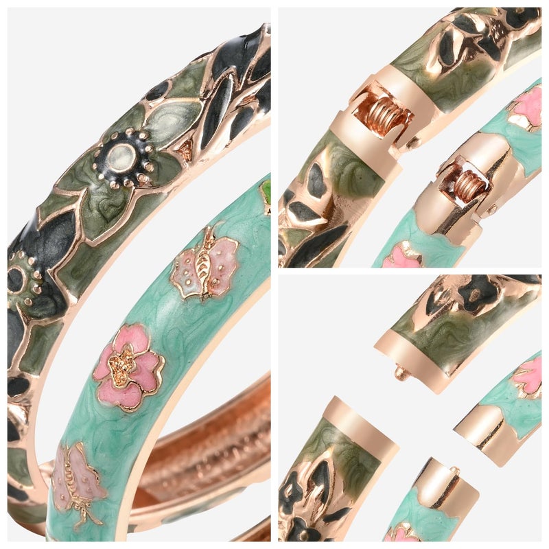 UJOY Designer Womens Couple Bangles Flower Enamel Bracelets Jewelry Box for Women Gift 55A67-55A101 Green - Image 4